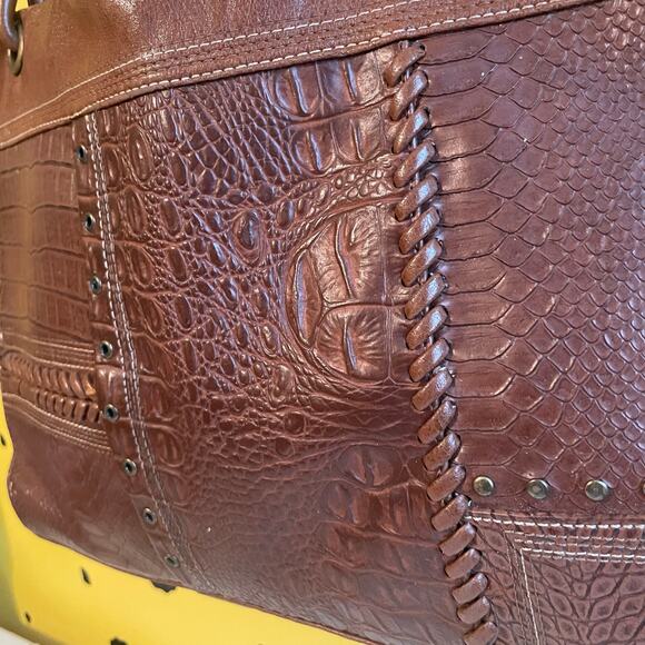 Vintage Brown Patchwork Faux Leather Tote | Boho Croc & Snake Texture Bag - Picture 3 of 9